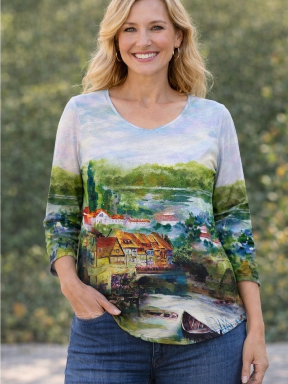 NEW Bon Worth Petite XL Coastal Art Print Top Scenic Village 3/4 Sleeve Lightwt.